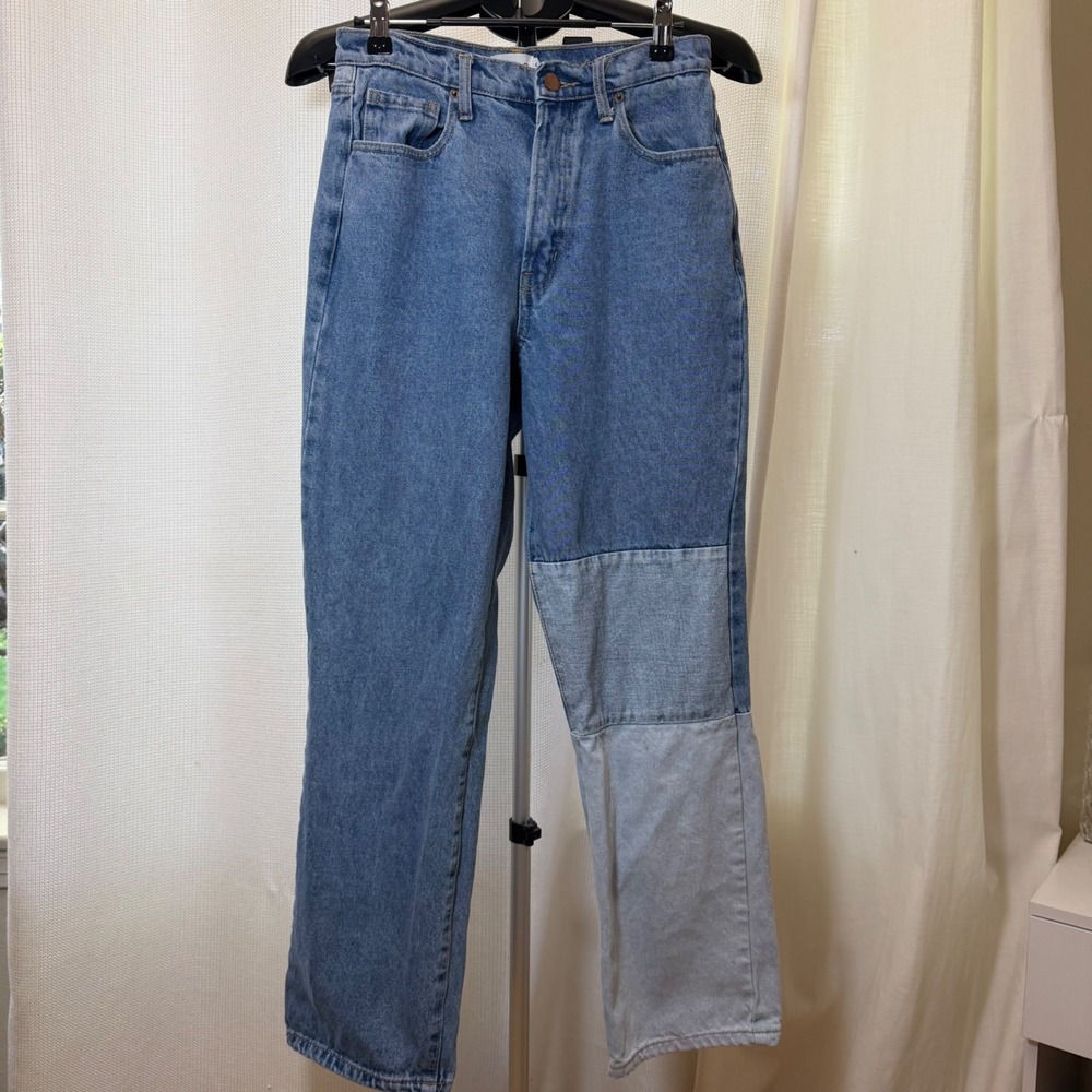 Cello Womens High Rise Patchwork Straight Leg Jeans Blue Denim Size 5